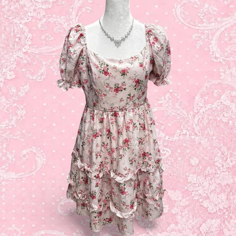 ALTAR'D STATE PINK FLORAL PUFF SLEEVE TIERED MINI DRESS